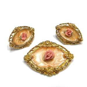 Vintage 1928 Style Brooch & Earrings, Pink Porcelain Roses, Peach Enamel, 1980s